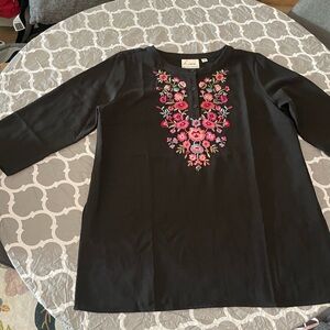 Vintage Floral Embroidered Black Top Oversized Size L Línea By Louis Dell’Olio
